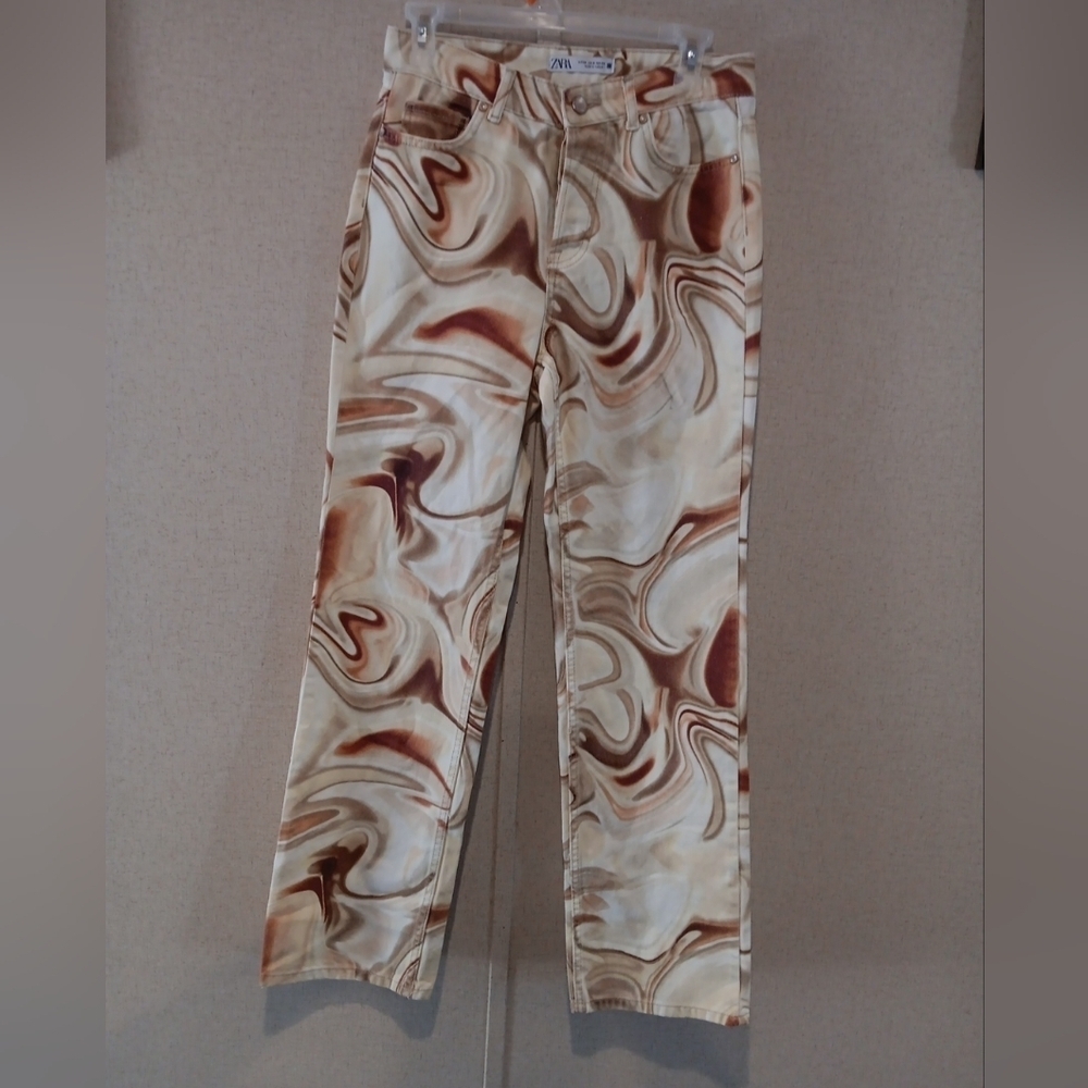 ZARA WOMENS PSYCHEDELIC BOHO Y2K MID RISE STRAIGHT JEANS, , SZ 2